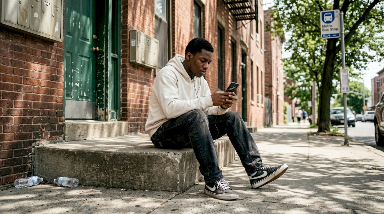Rapper reviewing lyrics outdoors before filming
