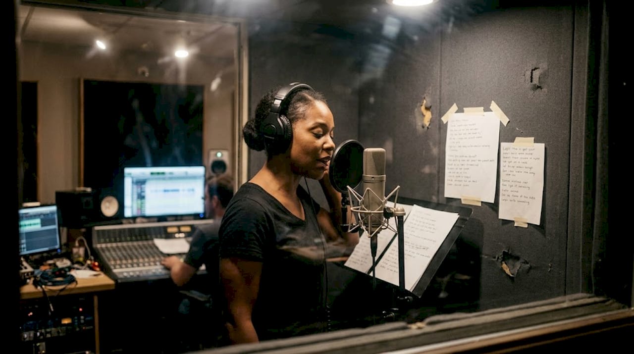Rap artist recording vocals in sound booth