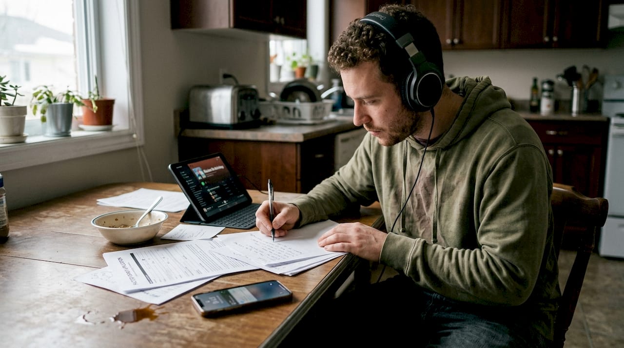 Canadian rapper writing music at kitchen table