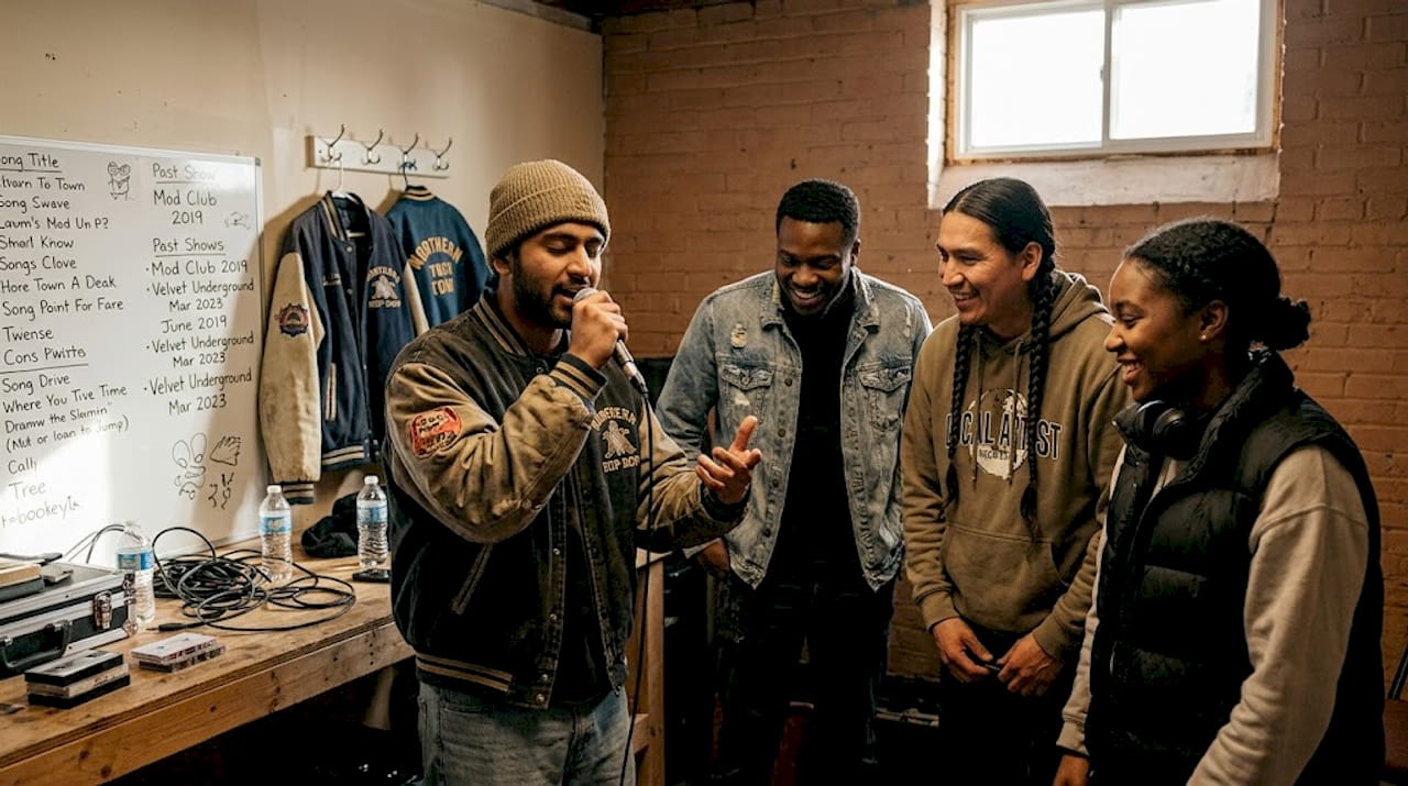 Canadian rappers rehearsing a posse cut track