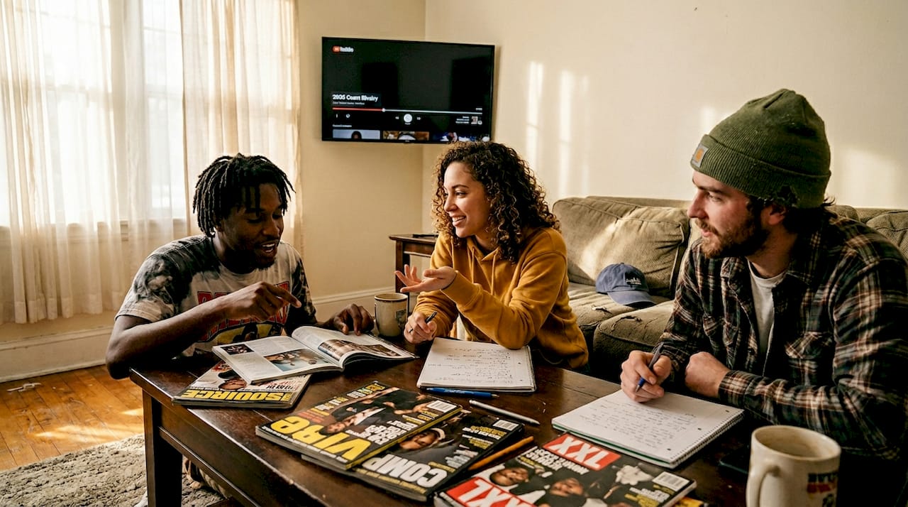 Friends discussing coast rivalry in living room