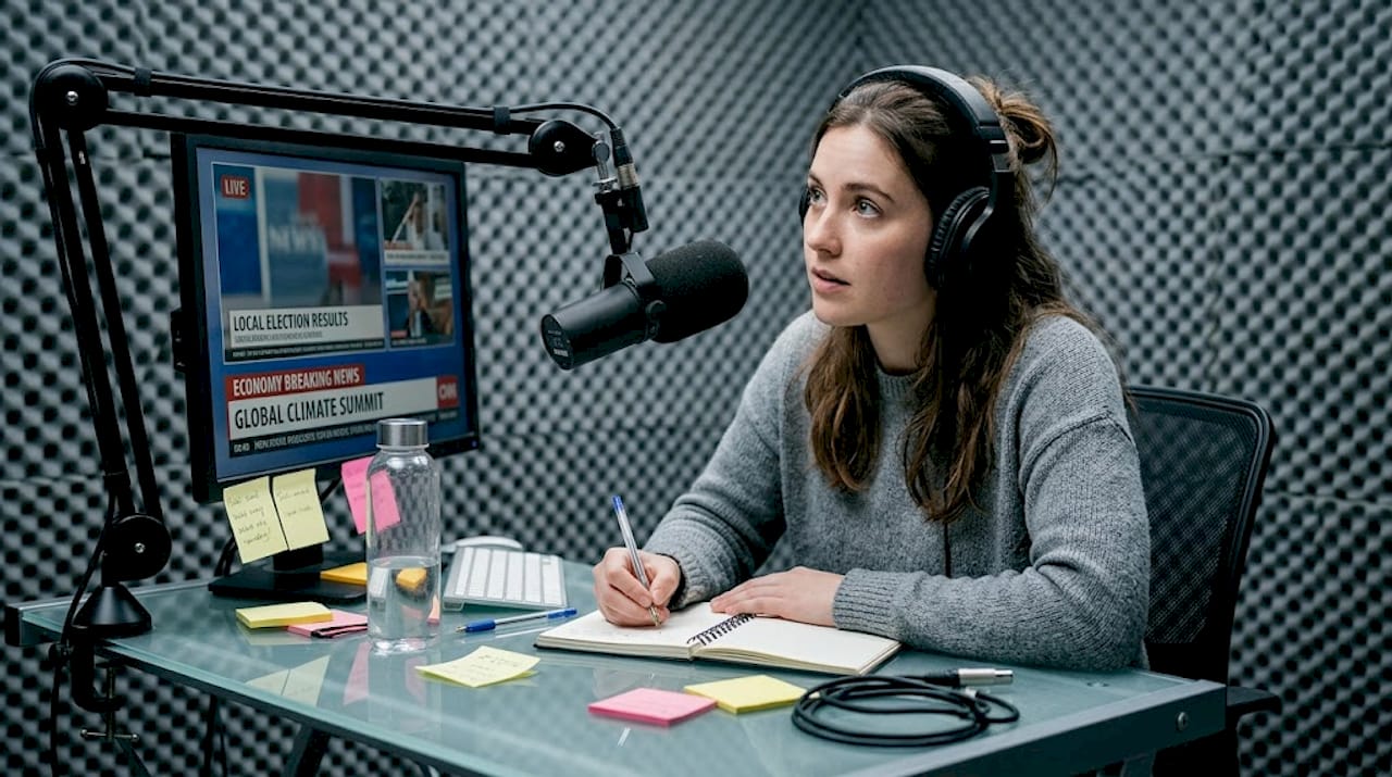 Journalist taking notes during podcast session