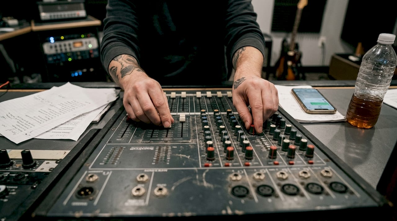 Producer adjusting controls on studio soundboard