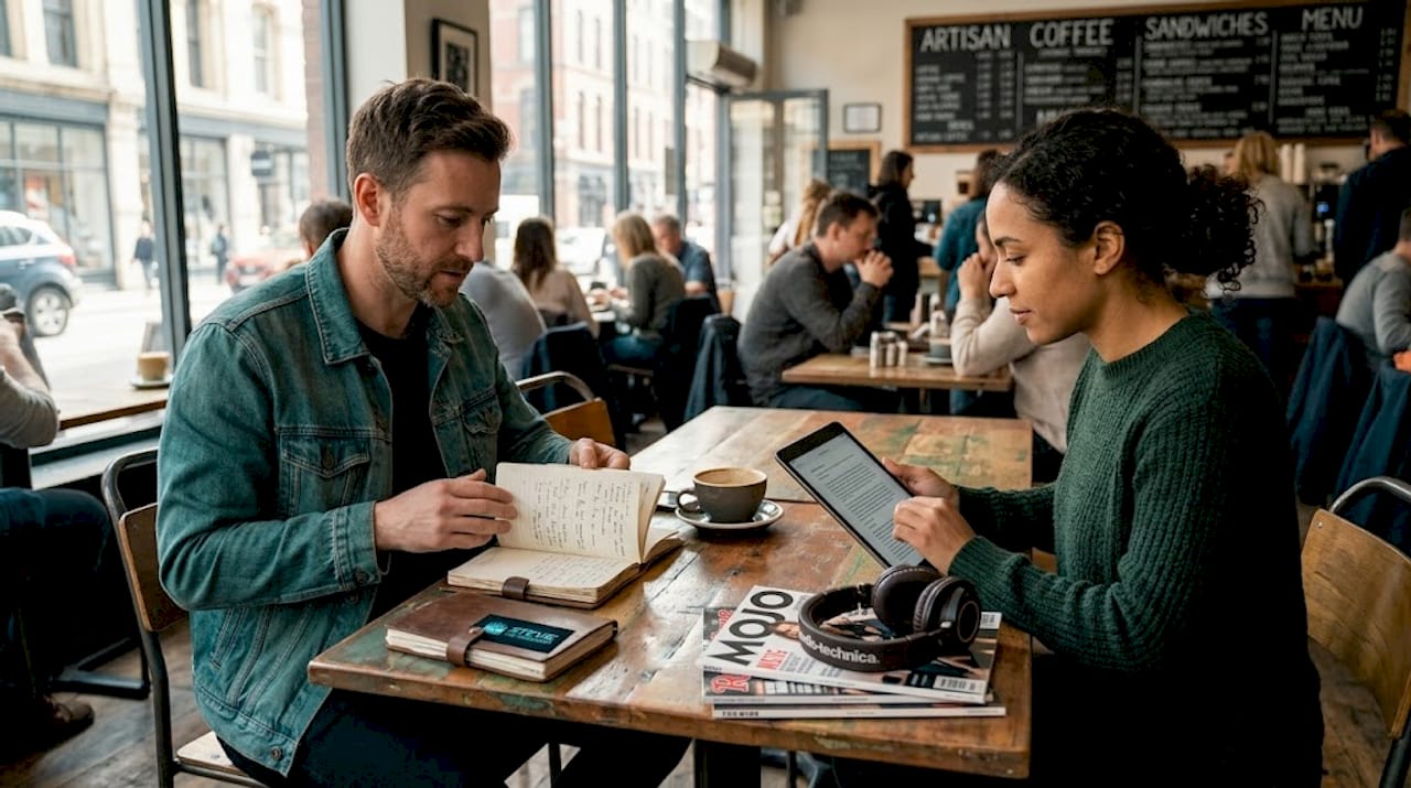 Journalists discussing rap albums at café table