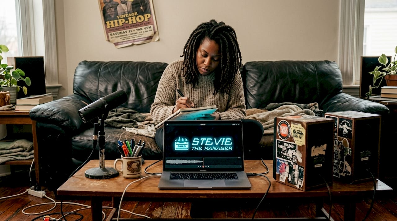 Indie rapper writing lyrics in living room studio