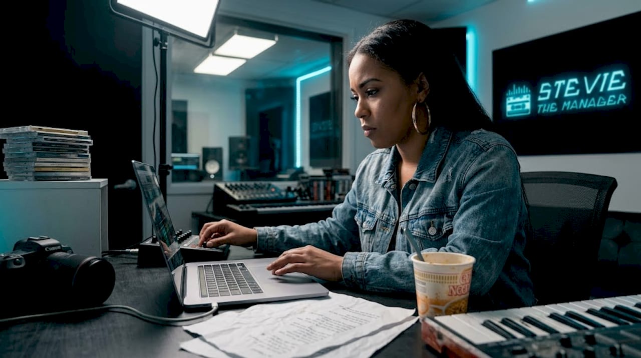 Rapper editing music in studio session