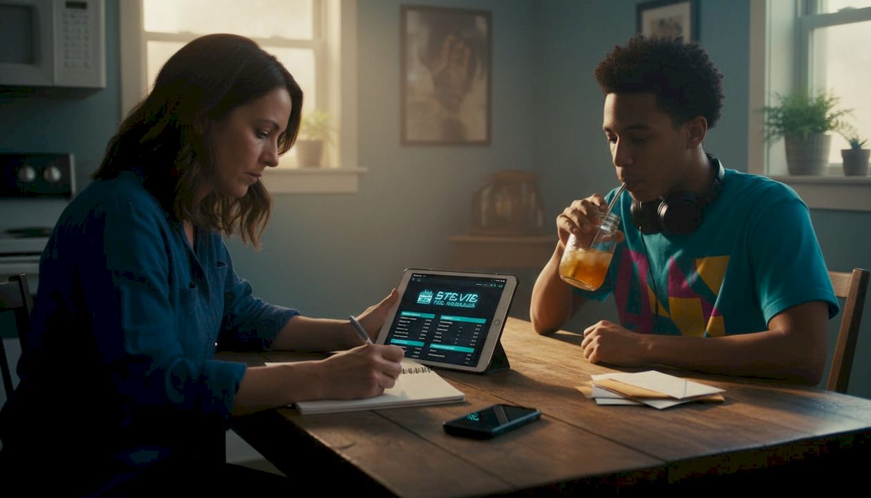 Manager and rapper meeting at kitchen table