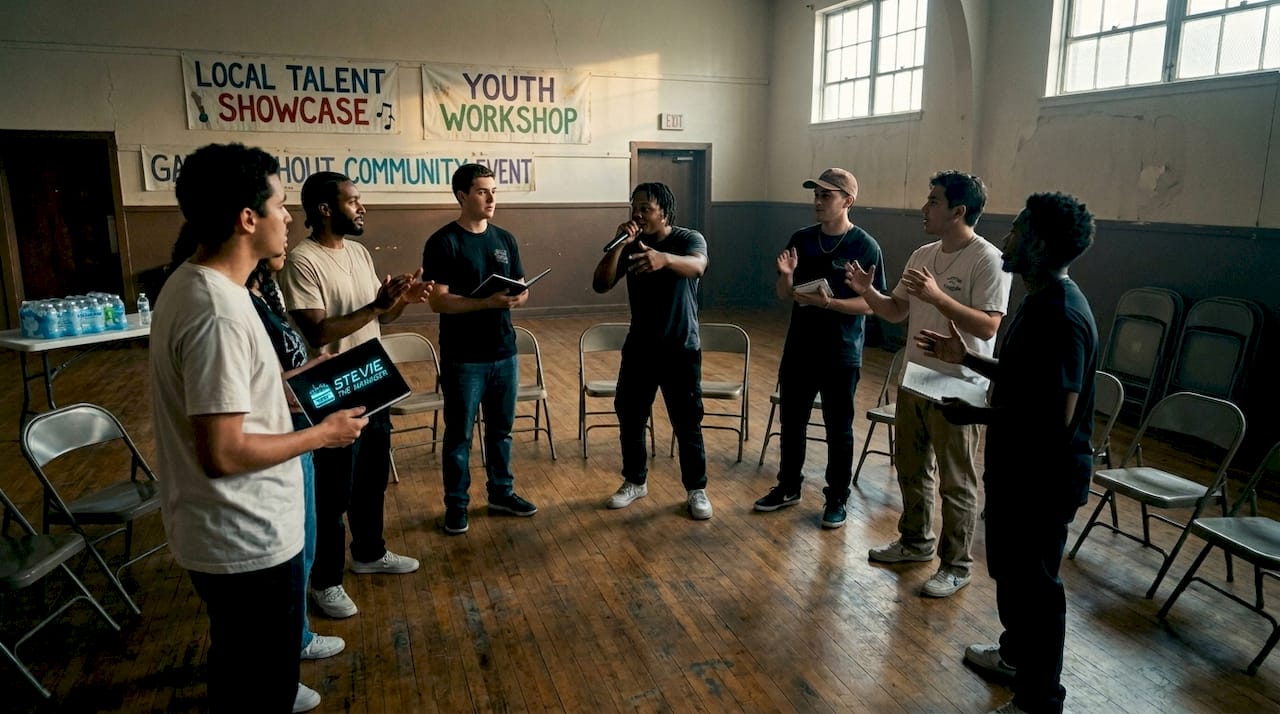Group exchanging verses at hip-hop cypher