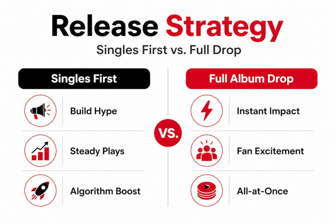 Infographic comparing singles vs full album release strategies