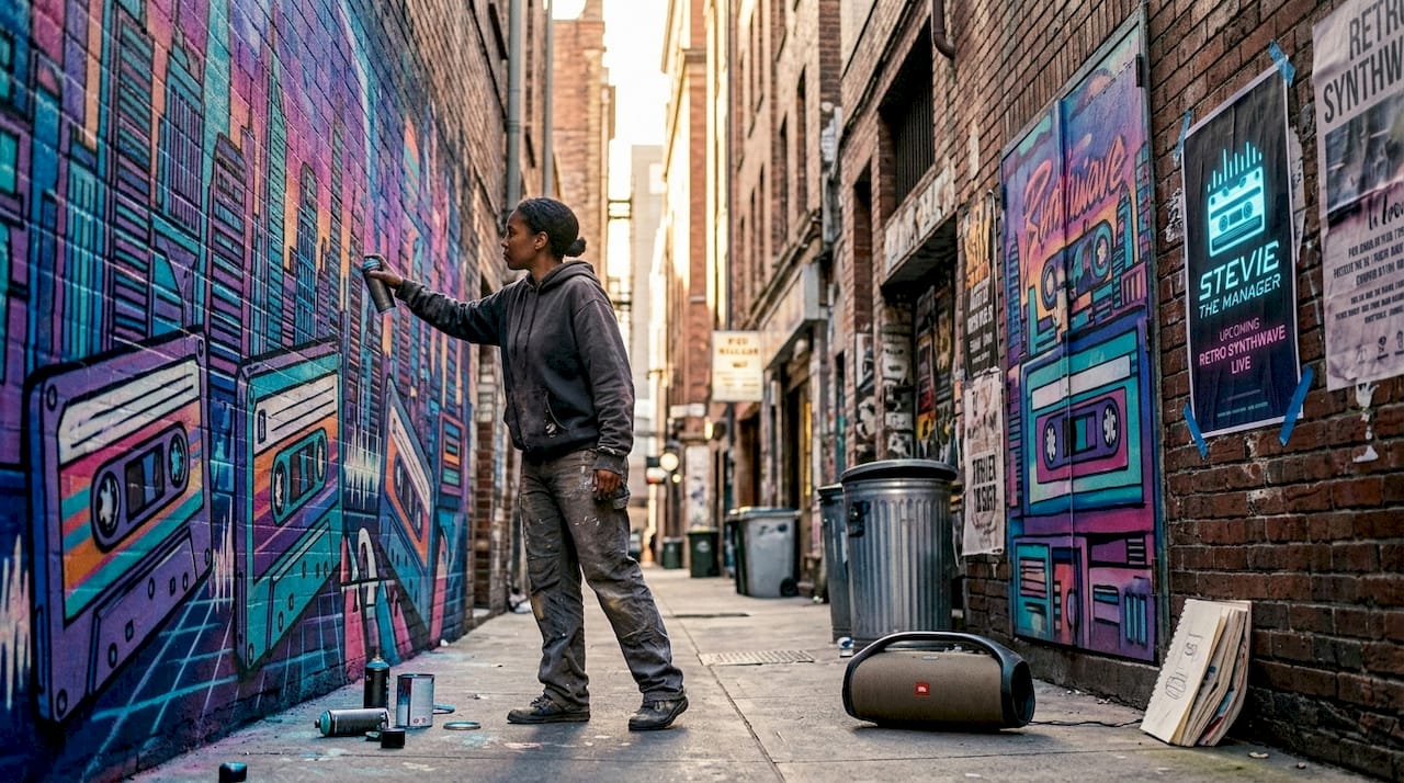 Street artist painting mural in city alley