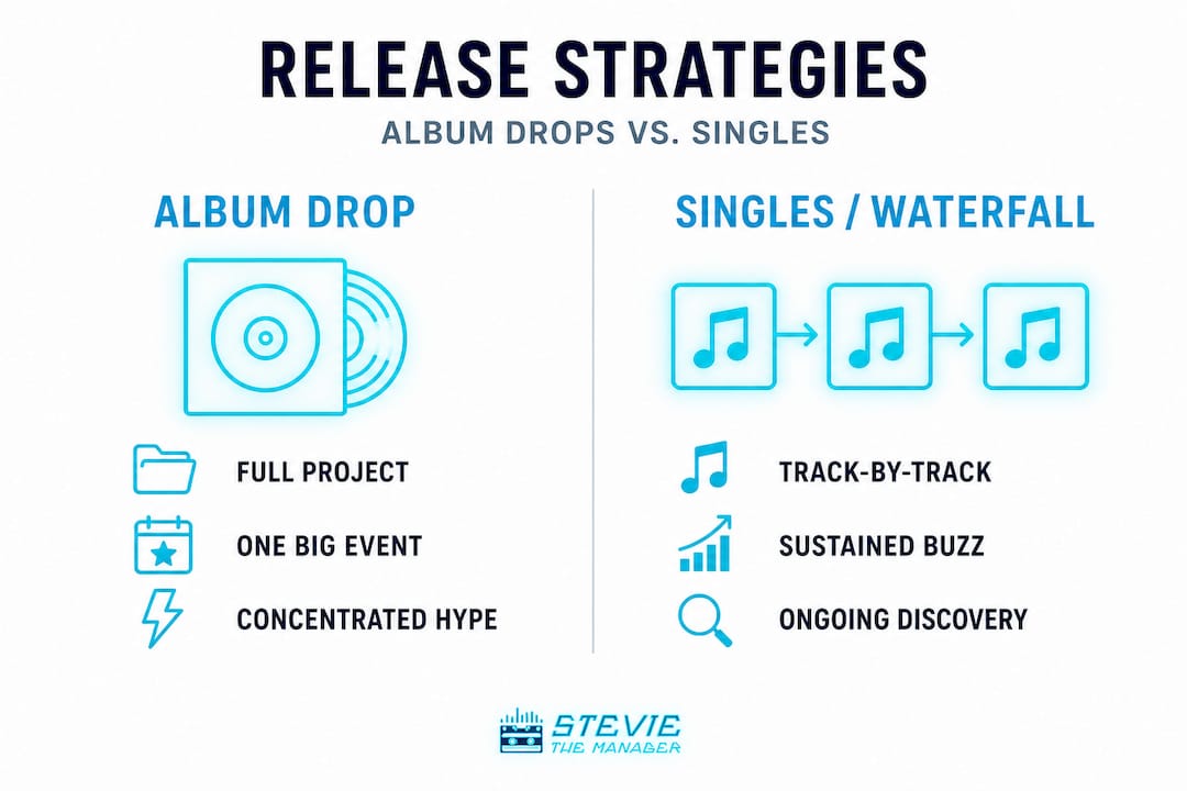 Infographic comparing album drops and singles strategies