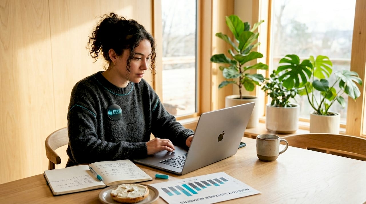 Analyst reviewing streaming numbers at kitchen table