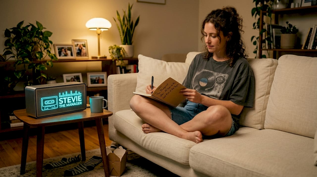 Woman tracks rap radio hits in living room