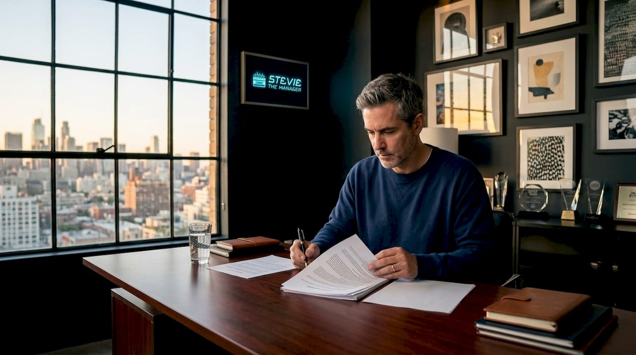 Music entrepreneur reviewing contracts in office