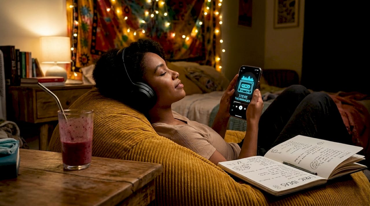 Woman listening to rap album on headphones