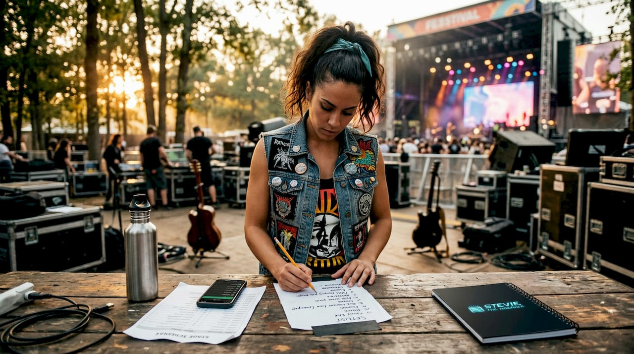Female rapper reviewing setlist backstage