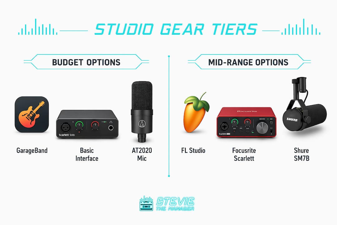 Infographic comparing budget and mid-range home studio gear