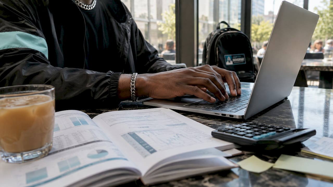 Hands typing on laptop analyzing finances