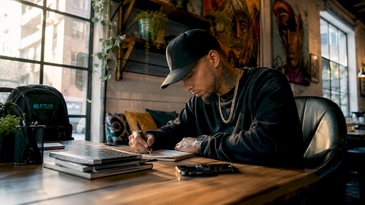 Hip-hop artist reviewing lyrics in home office