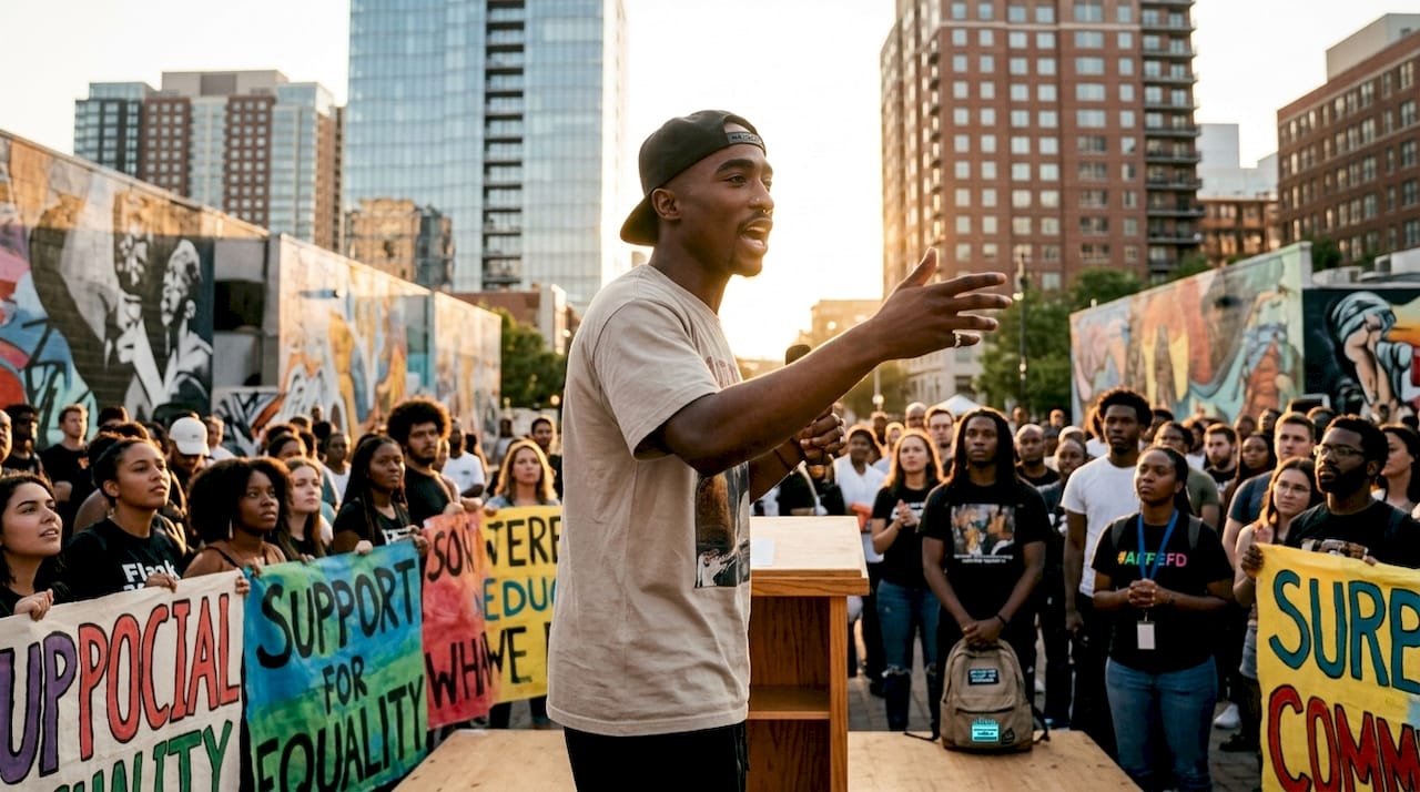 Tupac-like figure speaking at protest
