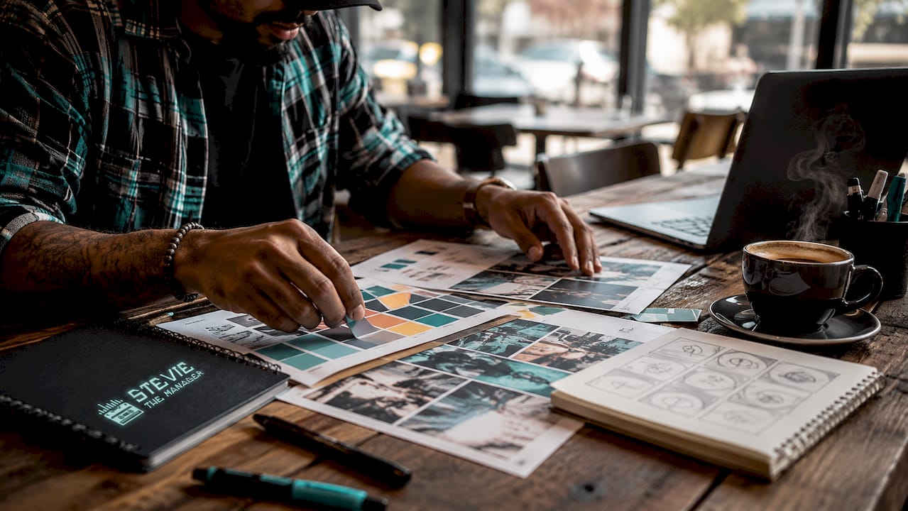 Hands arranging visual branding materials in studio