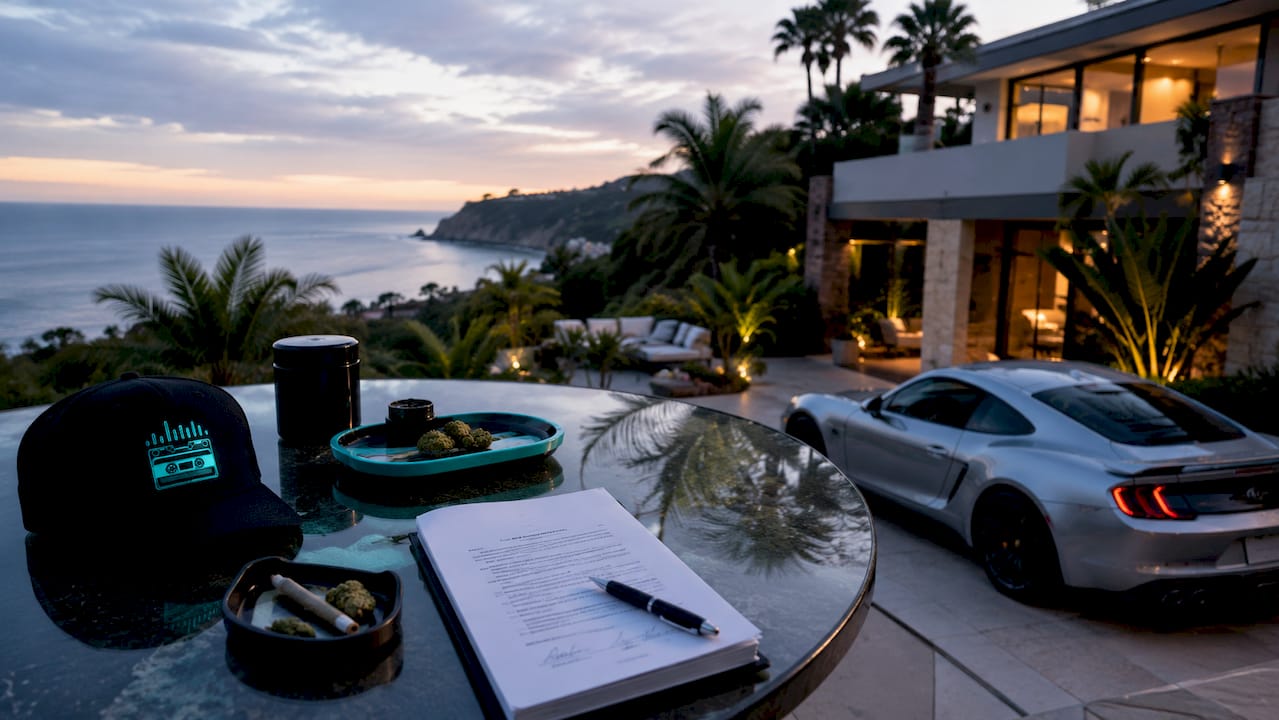 Luxury home exterior with cannabis products and contracts