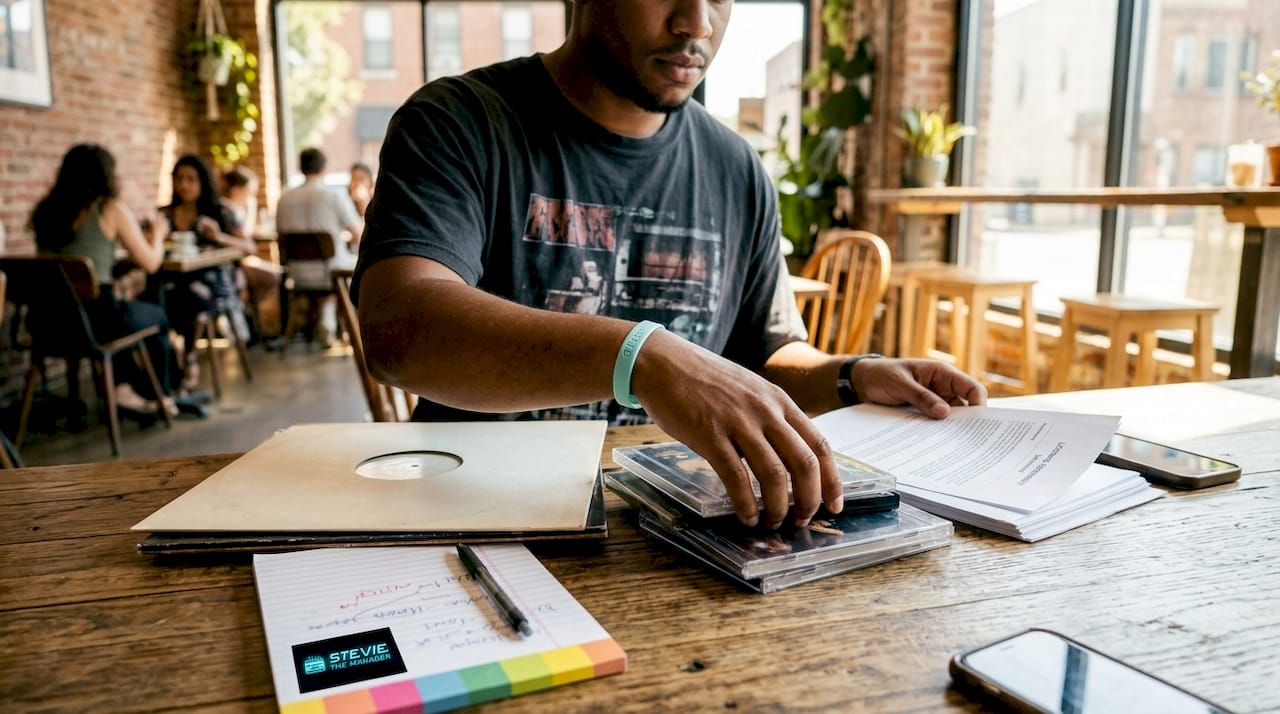 Hands organizing music media and license papers on desk