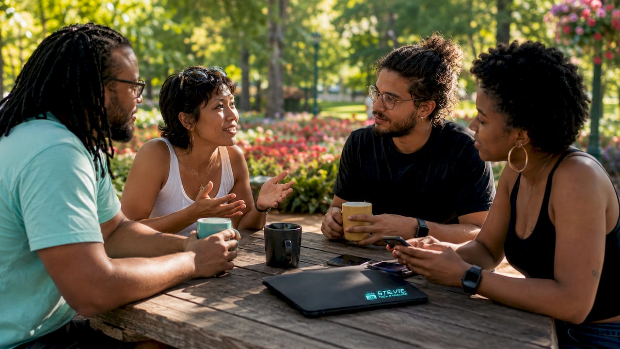 Group discussing music sharing in café