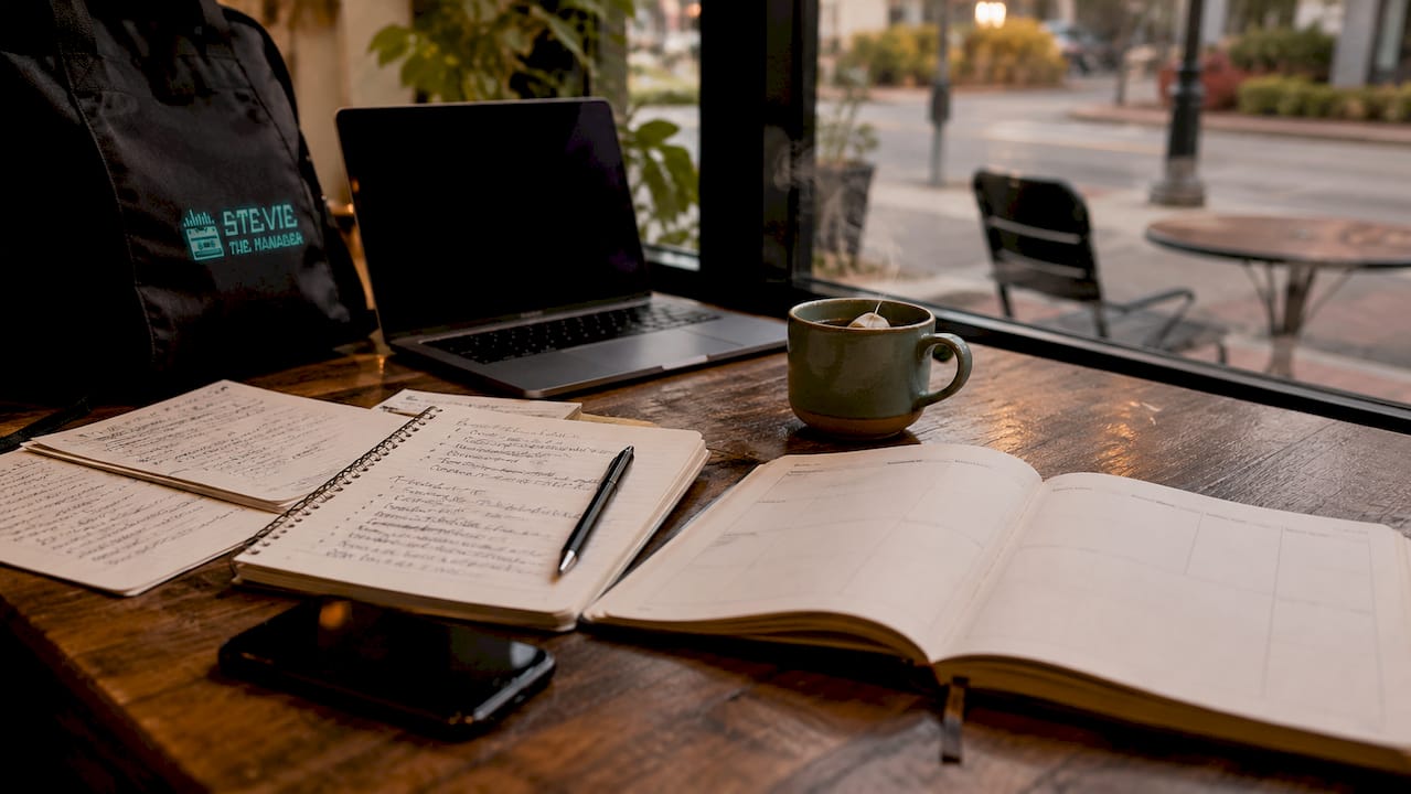 Overhead view of independent artist's creative workspace