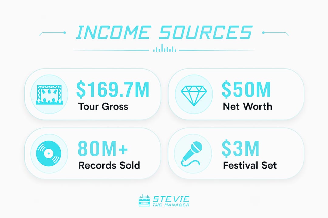 Infographic showing Post Malone income sources and key figures
