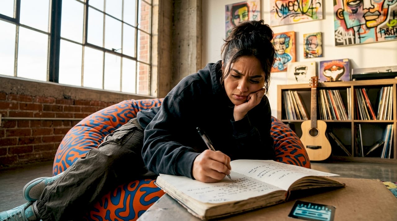Woman writing rap lyrics in bedroom