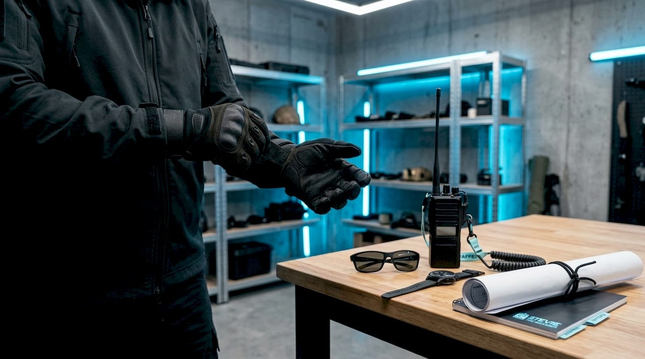 Hands putting on tactical gloves in locker room
