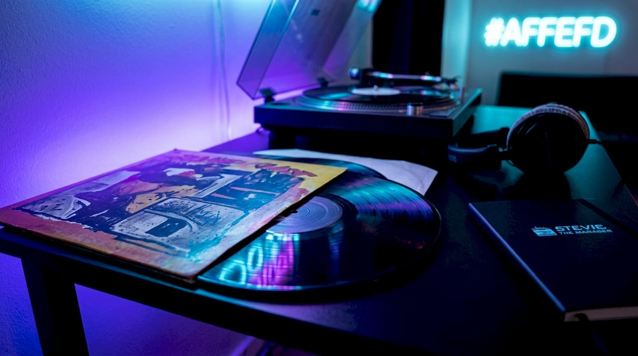 Close-up hip-hop vinyl records on wooden table