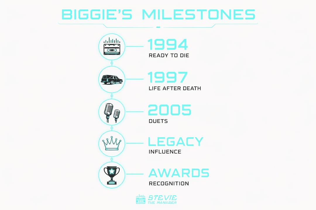 Infographic showing Biggie Smalls career milestones timeline