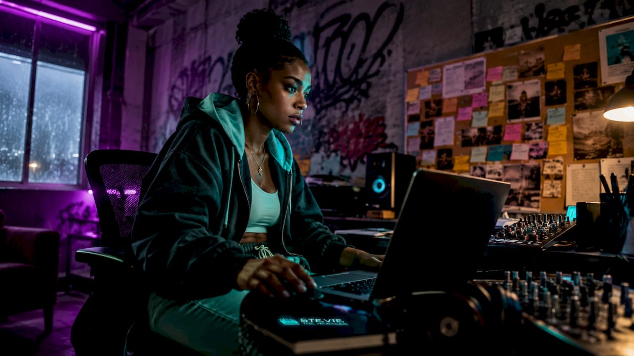 Producer managing hip hop reality show broadcast in control room