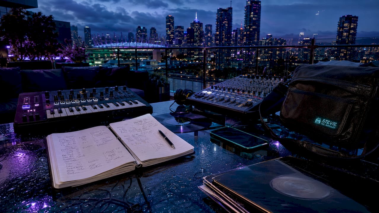 Close-up of studio equipment and royalty notes