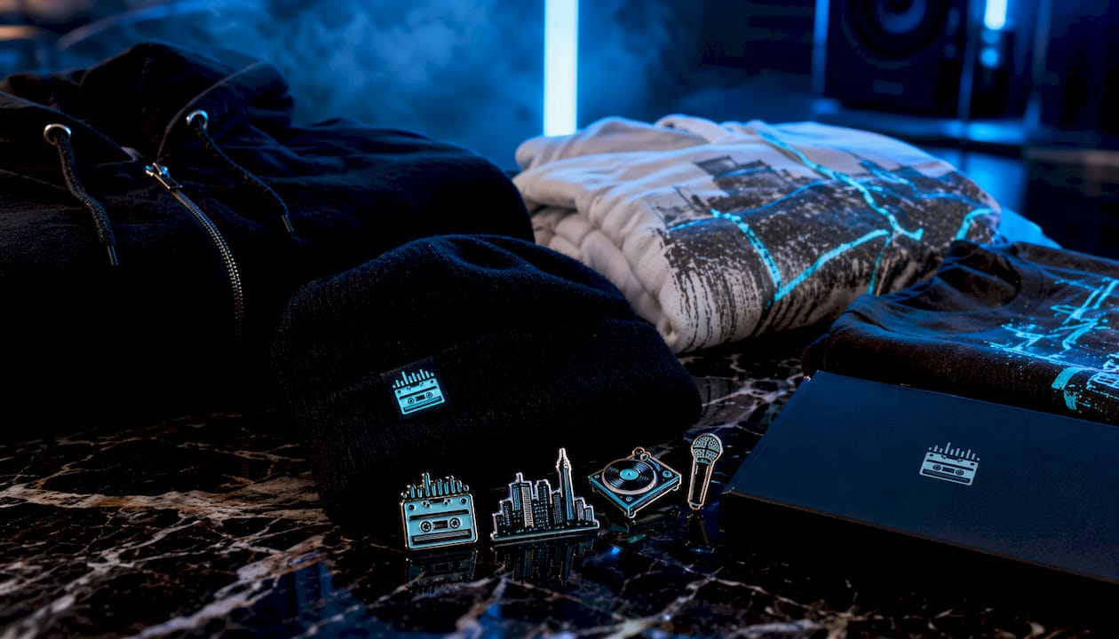 Close-up of urban music merchandise products