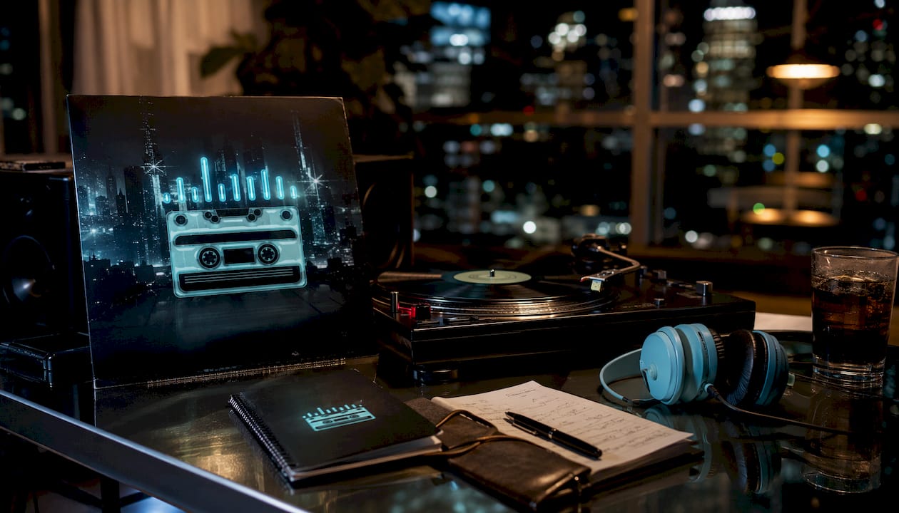 Overhead close-up of vinyl album on turntable with headphones