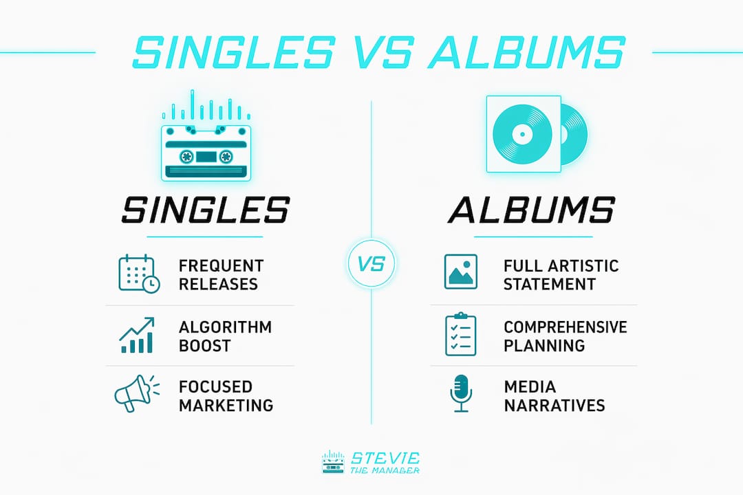 Infographic comparing singles and albums release strategies