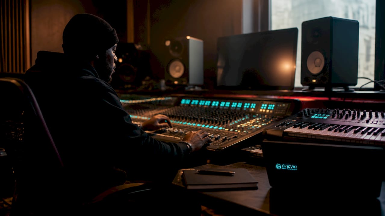 Hands adjusting mixing console in music studio