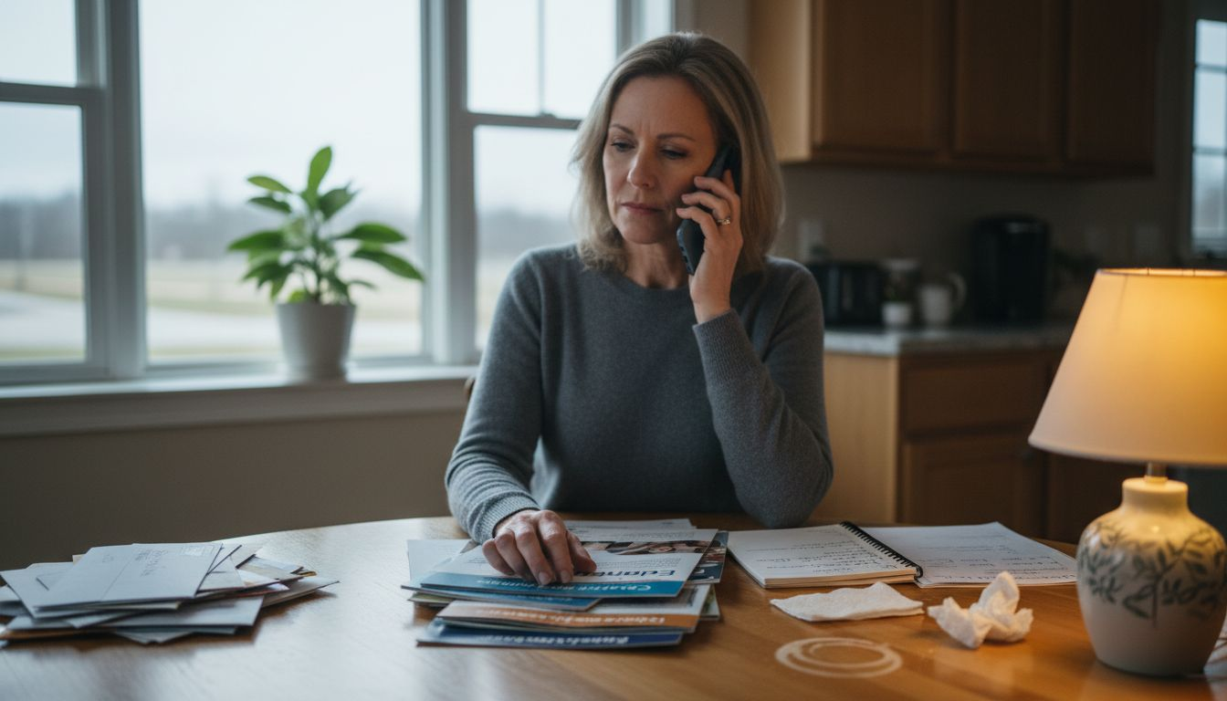 Woman compares home care brochures at table