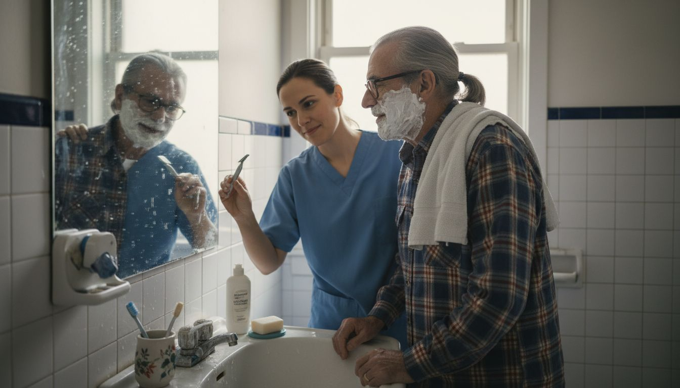 Caregiver helps older man with grooming