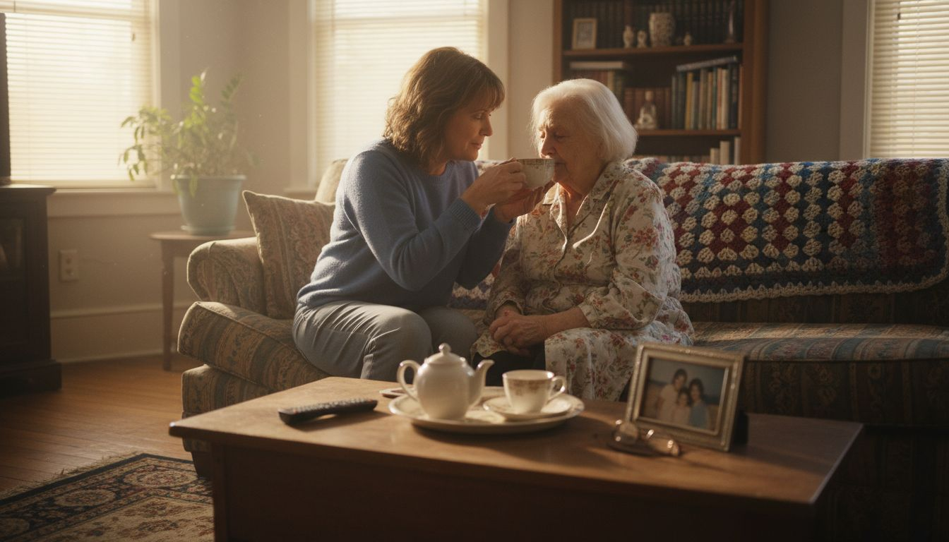 Caregiver assisting elderly woman in family home
