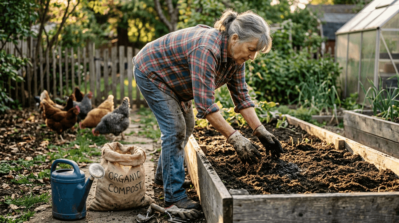 Woman spreading compost in backyard garden bed