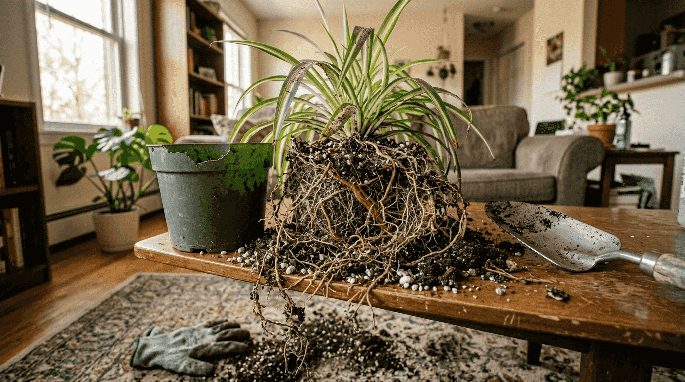 Spider plant root structure close-up apartment
