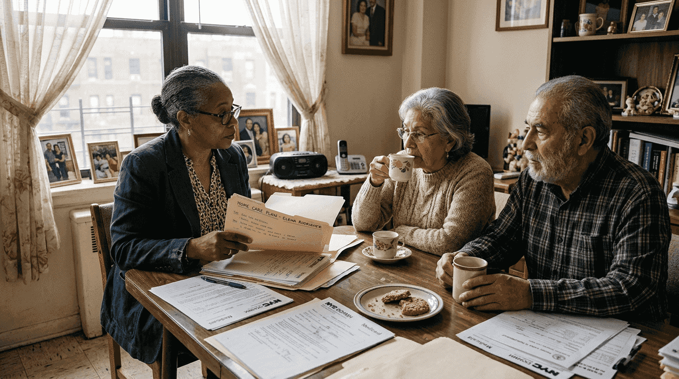 Care manager meeting with family in Bronx home