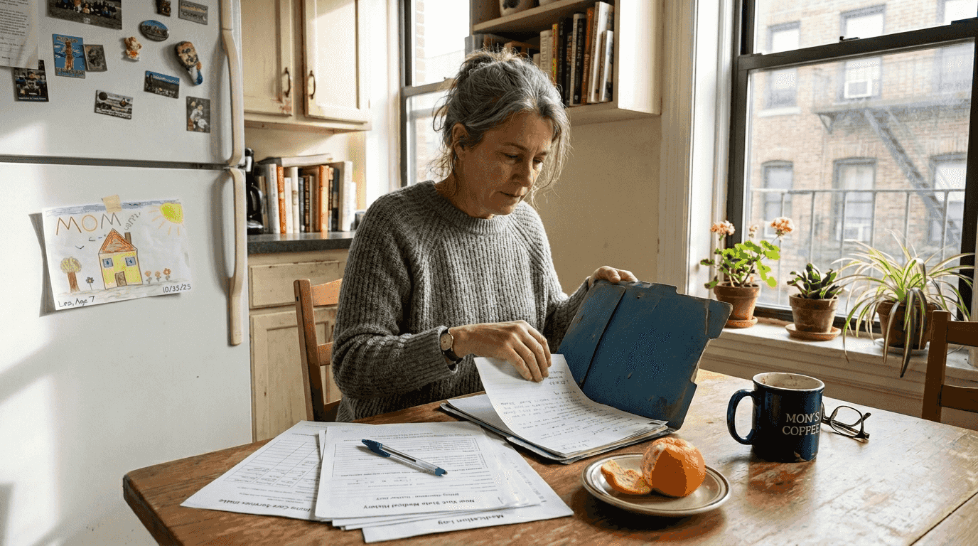 Woman organizing home care documents at kitchen table