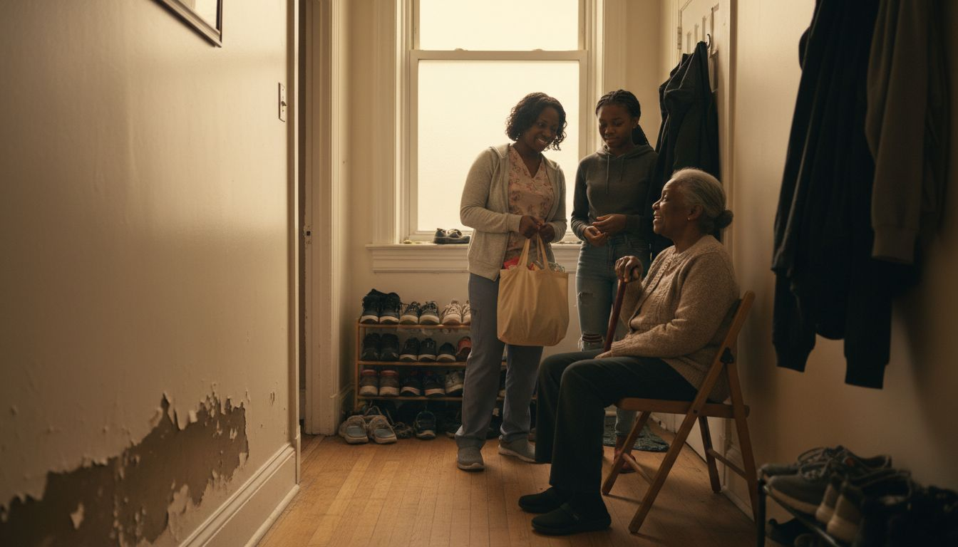 Family and caregiver collaborate in hallway