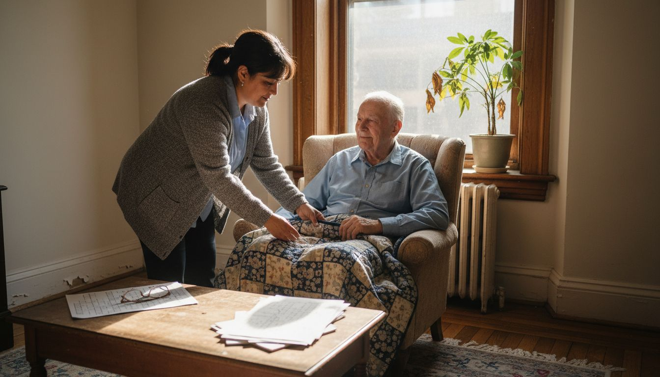 Care aide and elderly man in NYC apartment sunlight