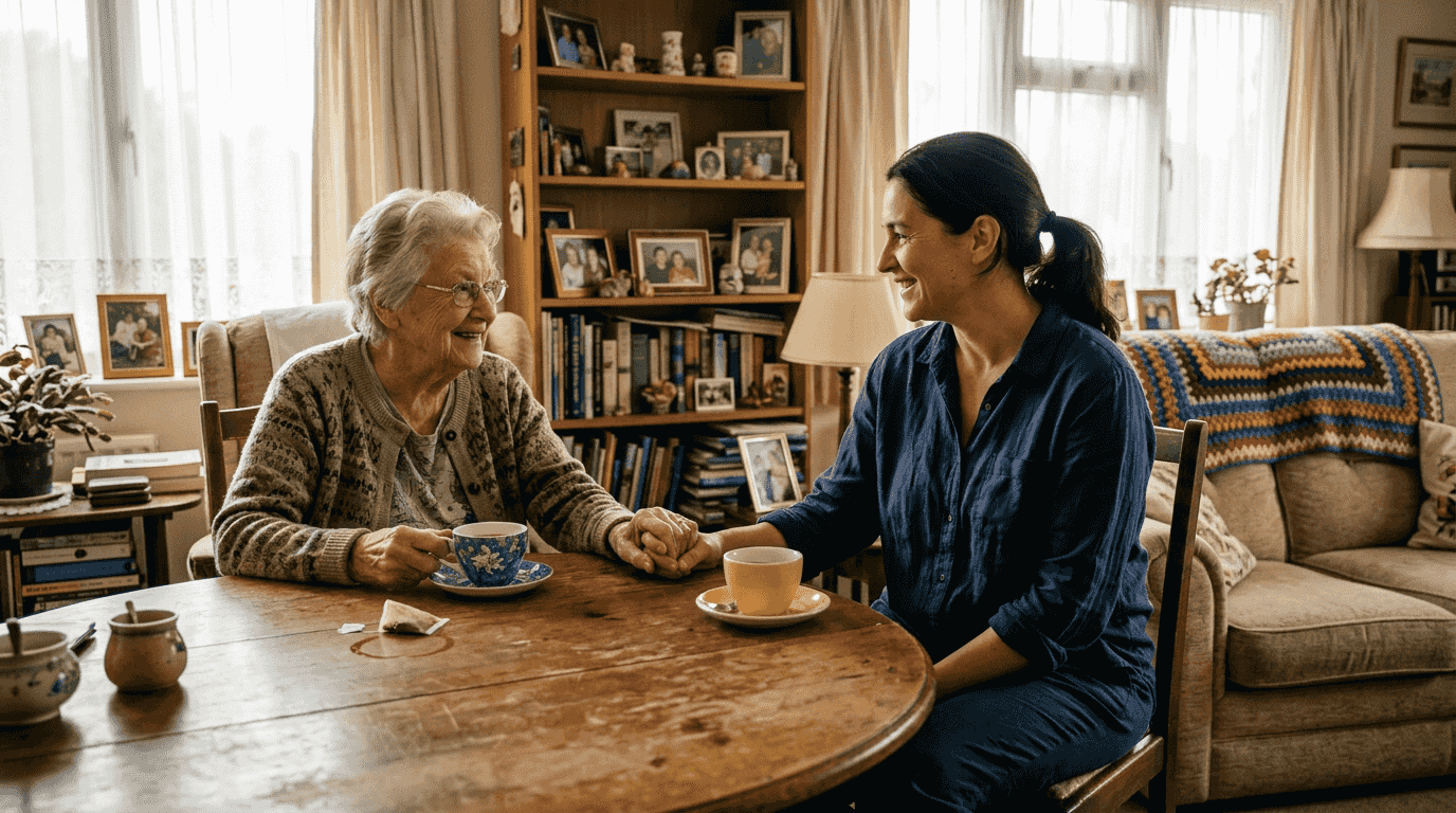 Caregiver and senior sharing tea at home